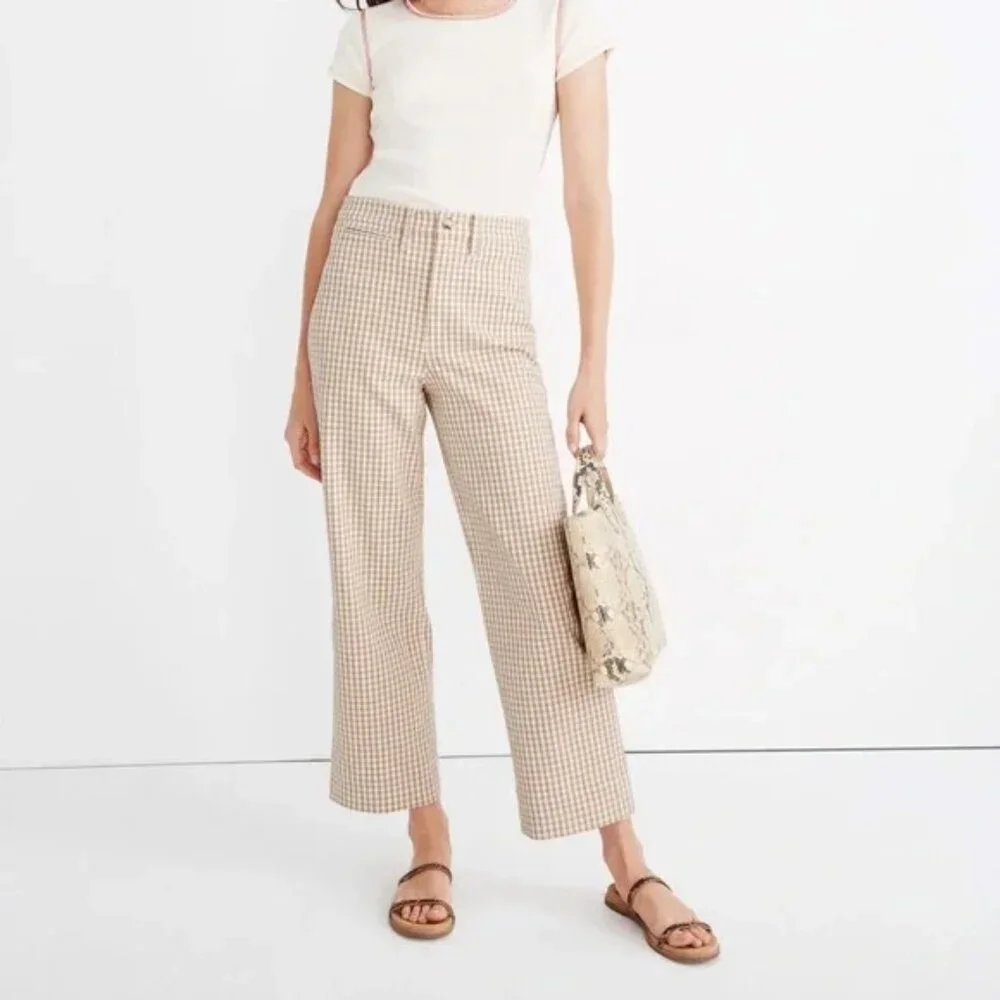 Madewell Gingham Emmett Wide Leg Crop Pants Tan White Size 28 - Picture 1 of 12